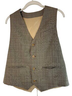 Van Heusen Mens Plaid Vest Size 42 Tan & Black Adjustable Four-Button EUC Large